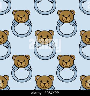 Seamless vector pattern with cute cartoon baby bear rattles on a light blue background Stock Vector