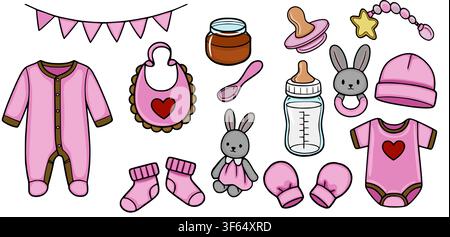 Baby shower vector set with cute pink clothing, feeding accessories, and bunny toys Stock Vector