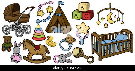 Cute baby toys and nursery accessories vector set featuring stroller, crib, rocking horse and play tent Stock Vector