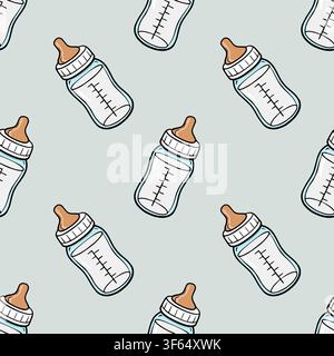 Seamless baby bottle pattern vector illustration with cute feeding supplies on light background Stock Vector
