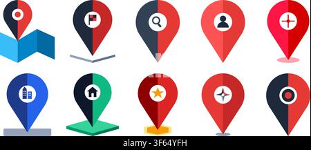 Colorful location pin icons for maps and navigation. Vector map markers with letters, numbers, and symbols for digital interfaces. Stock Vector