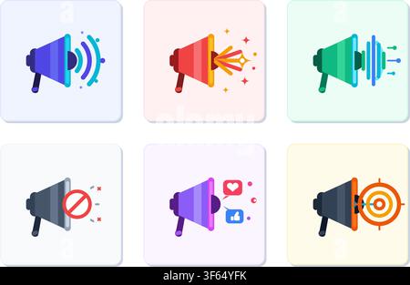 Megaphone icons with sound waves and effects. Vector communication symbols for announcements and alerts. Stock Vector
