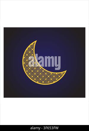 Elegant golden ornamental crescent moon featuring intricate geometric floral patterns set against a dark blue background for Islamic celebrations. Stock Vector