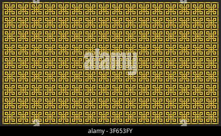 Seamless gold and black geometric lattice pattern with intricate traditional interlocking maze key design for elegant decorative background textiles. Stock Vector
