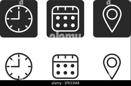 Minimalist set of clock calendar and map pin icons in line and filled square styles for UI interface design applications and websites. Stock Vector