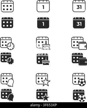 Minimalist calendar icon collection featuring date reminders, events, clocks, notifications, and agenda management symbols for design projects. Stock Vector