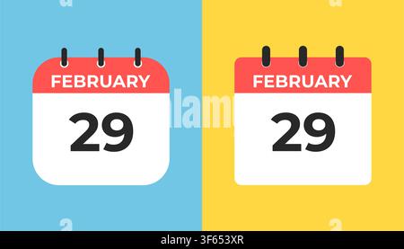 Flat calendar icons showing February 29 to represent leap year dates on colorful blue and yellow backgrounds. Stock Vector