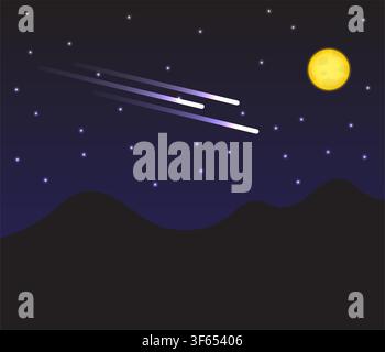 A scenic night sky illustration featuring a bright full moon shooting stars and mountains under a starry dark sky. Stock Vector