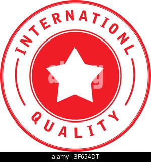 Red International Quality Round Certification Badge with Star Symbol Stock Vector