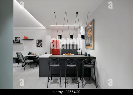 kitchen, kitchen interior, modern kitchen, contemporary kitchen, apartment, apartment interior, residential interior, Turin, Italy, office conversion, Stock Photo