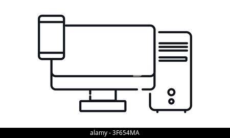 Desktop computer tower and monitor with smartphone vector icon. Black line art style on white background. Multi device synchronization, responsive web Stock Vector