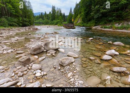 Shallow river flowing over rocks in Ammer Gorge. Dense forest lines banks with concrete weir and bridge in background. Scheibum area of Bavaria. Stock Photo