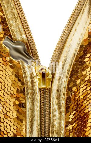 Unzipped golden sequins fabric closeup on white as a background Stock Photo