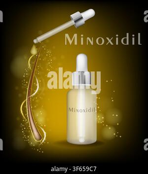 Modern medical vector illustration of a topical minoxidil solution in a dropper bottle with a pipette dispensing serum onto a hair follicle. The Stock Vector