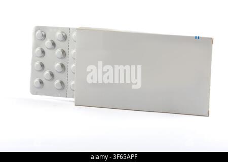 Top View Blank pharmaceutical medicine box with blister pack isolated on white background Stock Photo