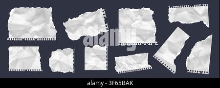 Set of torn note paper pieces, white crumpled notebook teture. Newspaper sheet rip collage elements collection. Wrinkle torn paper for art reminder wr Stock Vector