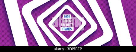 Abstract purple background with papercut white frames. Vector carton 3d grunge teture and cut out square shapes. Stripe cardboard navy pink rhombus fi Stock Vector