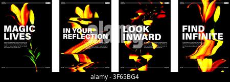 Poster design template. Modern fire color lily flower in fiery red and orange. Blurred, vibrant lines of movement, trendy dynamic composition. Black b Stock Vector