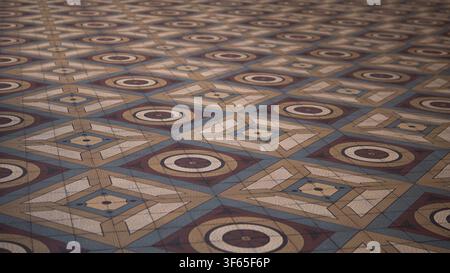 Antique Geometric Mosaic Tile Floor with Diamond and Rosette Pattern in Historic Palace Interior — Concept: Vintage Interior Design Stock Photo