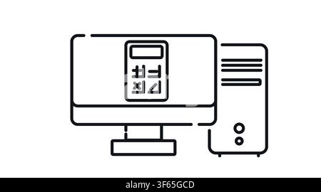 Desktop computer tower and monitor with calculator symbol on screen vector icon. Black line art style on white background. Stock Vector