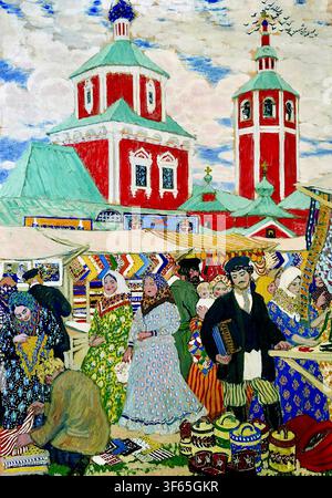Boris Kustodiev (Russian: 1878-1927) - At the Fair - 1910 - A high-resolution reproduction of the 1910 oil painting "At the Fair" ("Ярмарка") by prominent Russian artist Boris Kustodiev (1878–1927). The artwork showcases a bustling traditional market square in pre-revolutionary Imperial Russia, featuring crowds of merchants, traders, and peasants in historical Slavic folk costumes shopping amidst colorful stalls. In the background, prominent multi-domed Russian Orthodox church architecture stands against a soft sky. This piece represents the turn-of-the-century Art Nouveau. Stock Photo