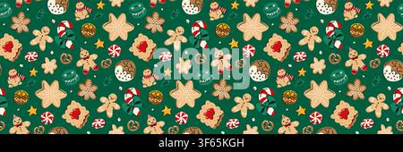 Christmas cookie seamless pattern with gingerbread men, festive biscuits, holiday bakery treats and winter sweets in cozy Scandinavian hand drawn Stock Vector