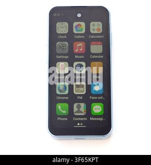 A close up studio shot of a modern smartphone displaying a grid of various application icons on a white background Stock Photo