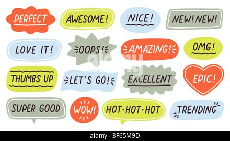 Cute hand drawn speech bubbles with reaction words awesome perfect epic wow nice and trending. Pastel doodle vector sticker set for social media blog Stock Vector