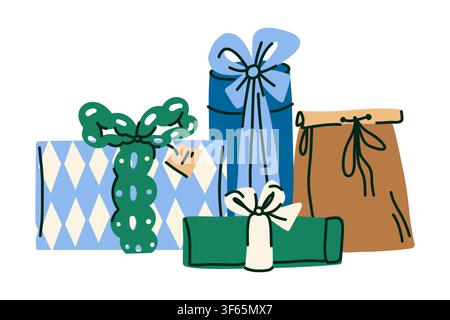 Hand Drawn Christmas Gift Boxes Collection with Wrapped Holiday Presents, Kraft Package and Festive Ribbon Illustration Stock Vector