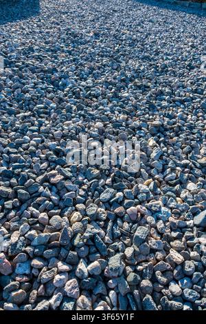 Close-up texture of small crushed gravel rocks on a garden path with sunlight and shadows Stock Photo
