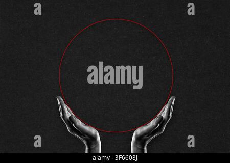 Hands Holding Empty Red Frame Sign on Black Textured Background with Copy Space Stock Photo
