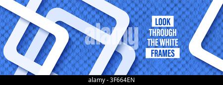 Abstract blue background with papercut white frames. Vector carton 3d grunge teture and cut out square shapes. Vector modern backdrop white lines. Str Stock Vector