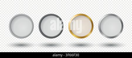 Vector 3d Round Metallic Frame Set. Circle Border, Blank White Clock Face, Coin, Medal, Badge and Button Frame in Silver Gold Gray Chrome Style Stock Vector