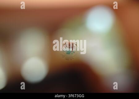 Macro front view of a brown jumping spider (Plexippus petersi) with a clear reflection on a glass surface and bright bokeh. Stock Photo