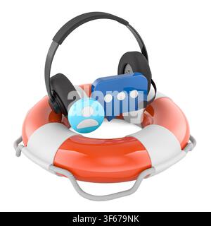 Lifebuoy with headset and customer support icons. Help desk, emergency assistance and client communication, 3d rendering isolated on white background Stock Photo