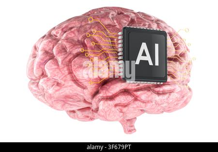 Human brain with AI chip. 3D rendering isolated on white background Stock Photo