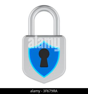 Padlock with blue security shield. 3D rendering isolated on white background Stock Photo