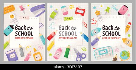 Back to school sale banners with cute kawaii stationery characters. School supplies poster templates. Vector illustration. Stock Vector