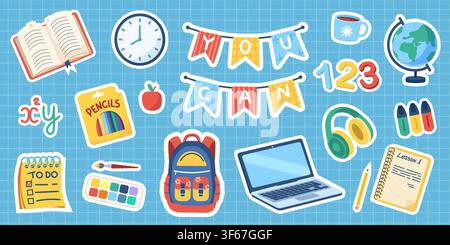 Cute back to school sticker set with colorful education icons and stationery supplies. Stock Vector