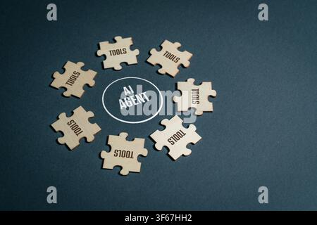 Conceptual image showing an AI agent connected to multiple external tools, illustrating tool calling, workflow execution, orchestration and intelligen Stock Photo
