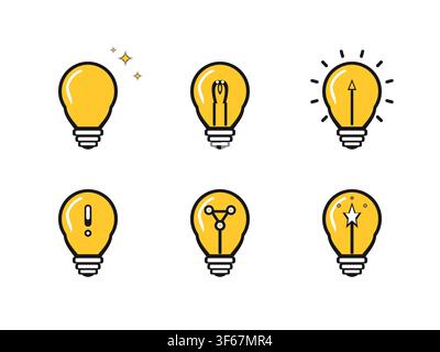 Creative light bulb ideas and innovation concepts. Vector icons of brainstorming, problem solving, and energy efficiency symbols. Stock Vector
