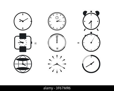 Set of minimalist clock icons for time management and scheduling. Vector line art timepieces for apps, websites, and business presentations. Stock Vector