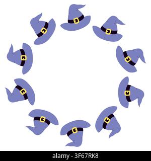 Witch hats round frame isolated on white background. Cute purple wizard hat wreath border vector illustration for Halloween, magic party, or fairy tale cards. Stock Vector