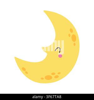 Cute Halloween moon vector illustration. Cartoon smiling crescent moon character with rosy cheeks isolated on white background. Hand drawn element for kids nursery decor, pajamas, stickers. Stock Vector
