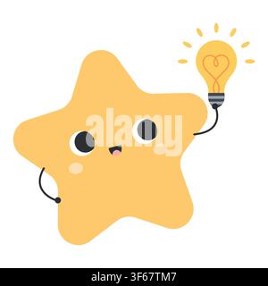 Cute yellow star holding lightbulb cartoon character isolated on white background. Creative idea and inspiration vector illustration. Stock Vector