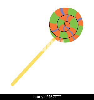 Cute Halloween swirl lollipop vector illustration. Cartoon colorful sweet candy on stick isolated on white background. Hand drawn element for trick or treat holiday party decor, stickers Stock Vector