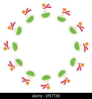 Magic potion bottles round frame isolated on white background. Cute witch poison flask wreath border vector illustration for Halloween, magic party, or game design. Stock Vector
