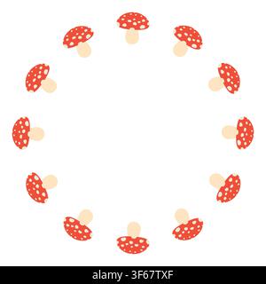 Red fly agaric mushroom wreath frame isolated on white background. Cute vector poisonous amanita mushrooms round border for autumn design, Halloween, or fairy tale cards. Stock Vector