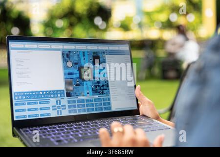 Close up of woman using software with microchip and circuit board interface on laptop in city park, illustrating semiconductor engineering and hardware monitoring. Stock Photo