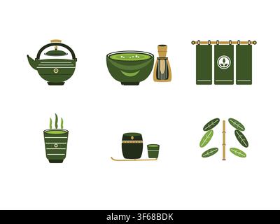 Matcha tea set with powder, whisk, and bowl. Traditional Japanese green tea ceremony utensils and ingredients in flat design. Stock Vector